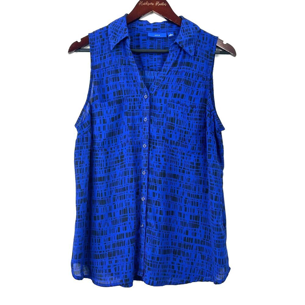 Apt 9 Shirt Women L Blue Black Abstract Sleeveless Button Up Sheer Chiffon Top